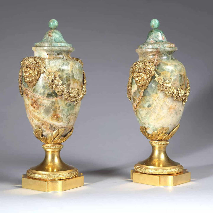 Pair of Weardale Fluorspar and Ormolu Covered Urns