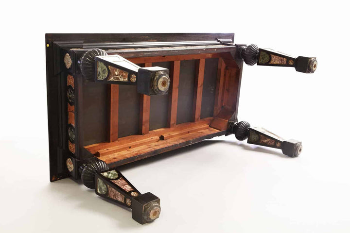 Important Antique Italian Marble Centre Table showing intricate inlaid marble on ebonised wood with gilt accents from 19th century Italy