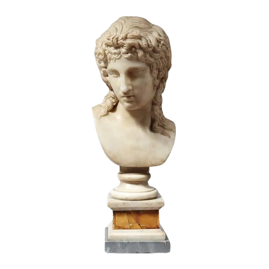 Eros Di Centocelle marble bust on Siena marble plinth, antique style, Italian Grand Tour sculpture circa 1800.