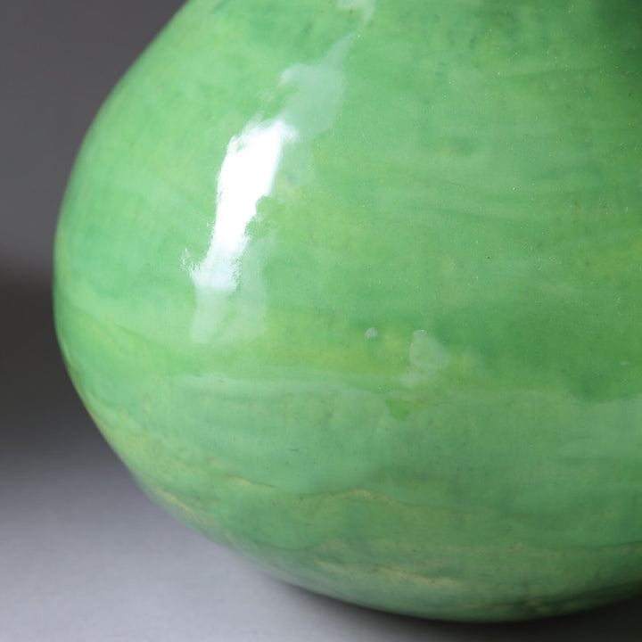 Pair of green vase lamps with glossy green glaze, handcrafted by Andrew Allfree, 38 cm tall and 21 cm diameter each.