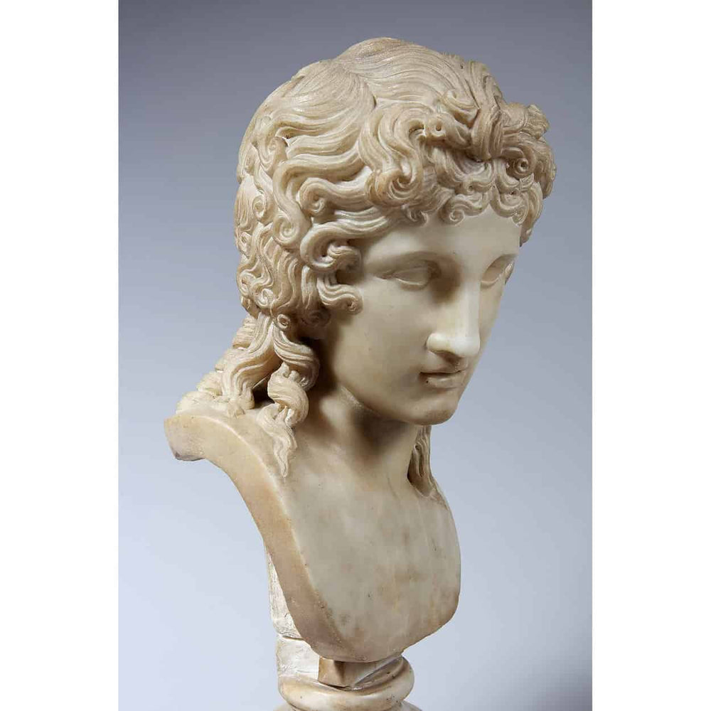Eros Di Centocelle marble bust with intricate curls on Siena marble plinth, Italian antique style from circa 1800.