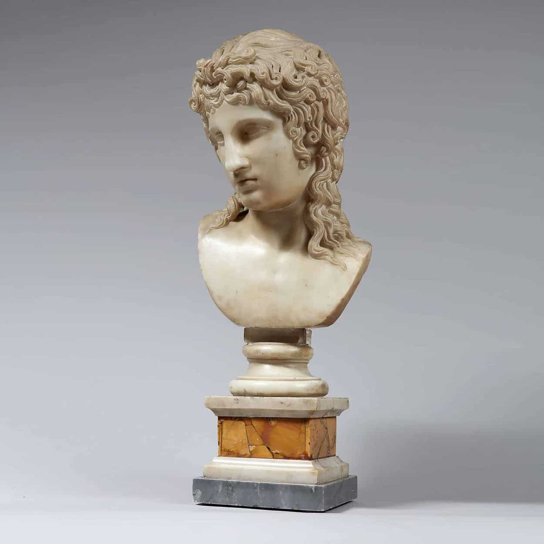 Eros Di Centocelle marble bust on Siena marble plinth, circa 1800, Italian antique sculpture with detailed curls.