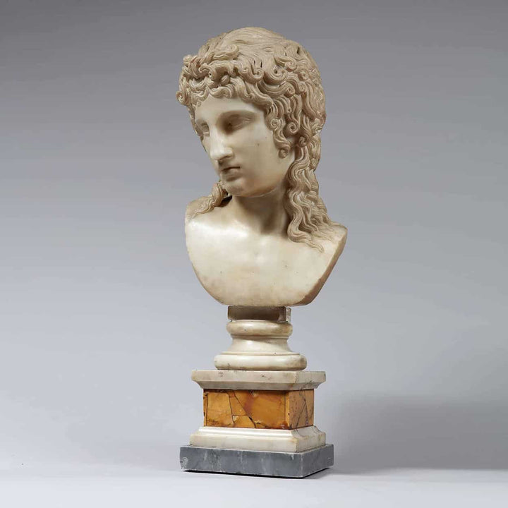 Eros Di Centocelle marble bust on Siena marble plinth, circa 1800, Italian antique sculpture with detailed curls.