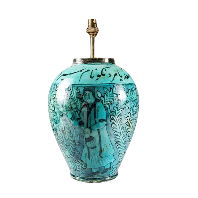 19th Century Qajar Turquoise Vase as a Lamp with intricate hand-painted Persian designs and vibrant turquoise glaze