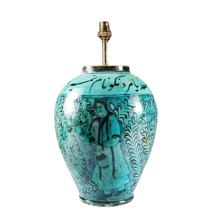 19th Century Qajar Turquoise Vase as a Lamp with intricate hand-painted Persian designs and vibrant turquoise glaze