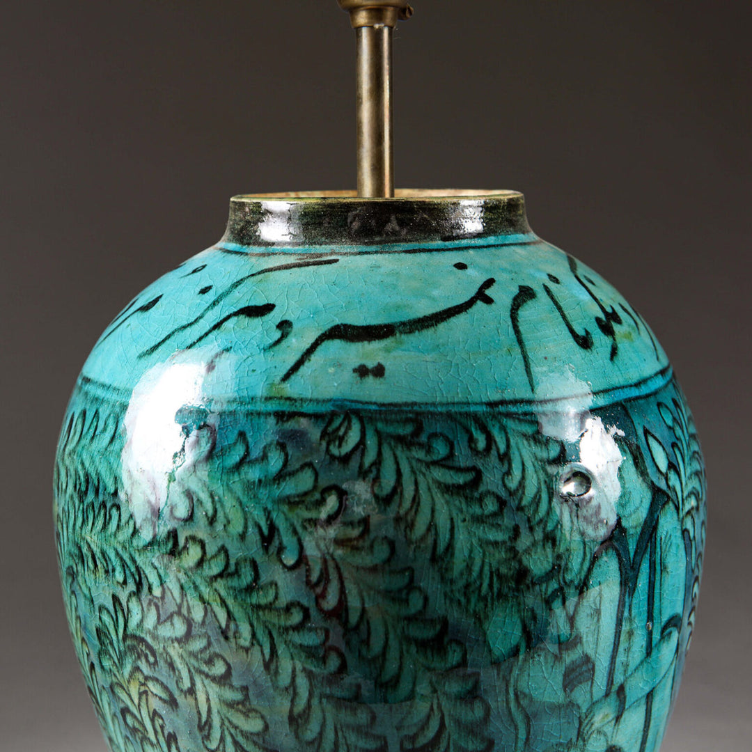 19th Century Qajar Turquoise Vase as a Lamp with intricate hand-painted Persian designs and vibrant turquoise glaze.