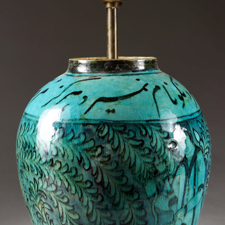 19th Century Qajar Turquoise Vase as a Lamp with intricate hand-painted Persian designs and vibrant turquoise glaze.