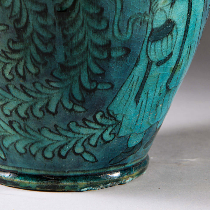 Close-up of intricate hand-painted decoration on the 19th Century Qajar Turquoise Vase as a Lamp showing detailed foliage patterns.
