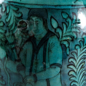 19th Century Qajar Turquoise Vase as a Lamp with detailed hand-painted Persian design and vibrant turquoise glaze.