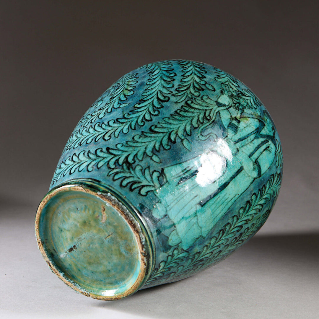 19th Century Qajar Turquoise Vase as a Lamp with intricate hand-painted foliage and turquoise glaze from Persia circa 1850.