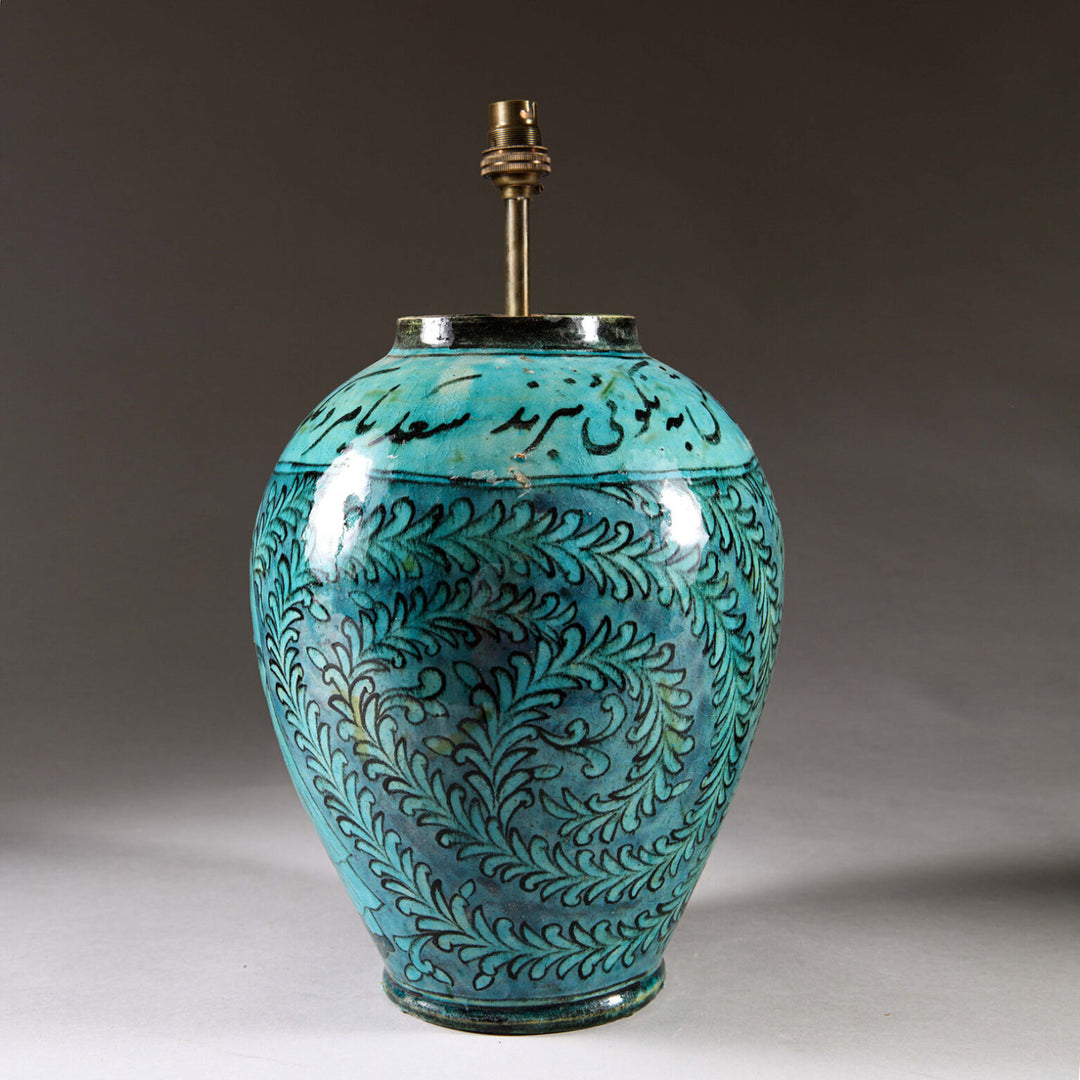 19th Century Qajar Turquoise Vase as a Lamp with intricate hand-painted Persian design and vibrant turquoise glaze.