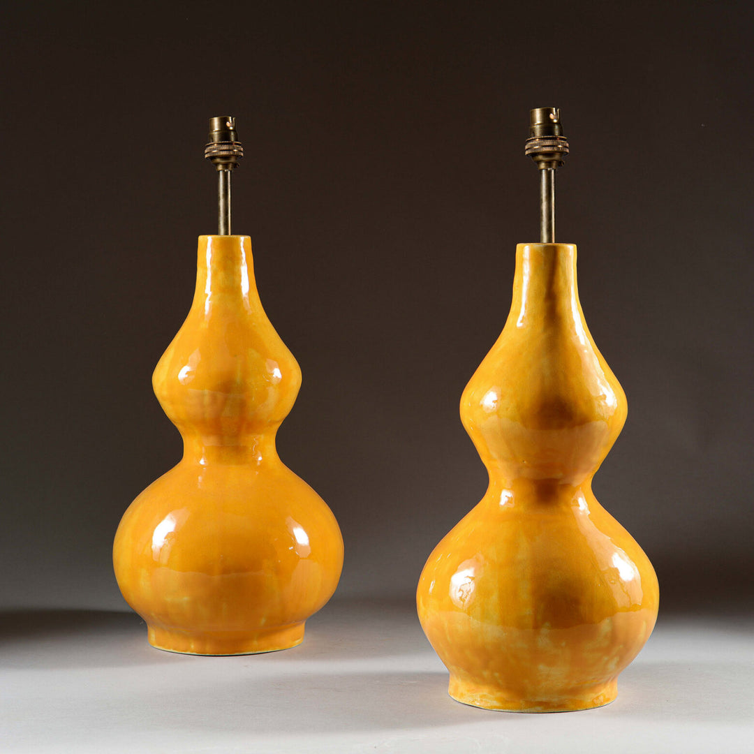 Pair of Yellow Double Gourd Vases as Lamps