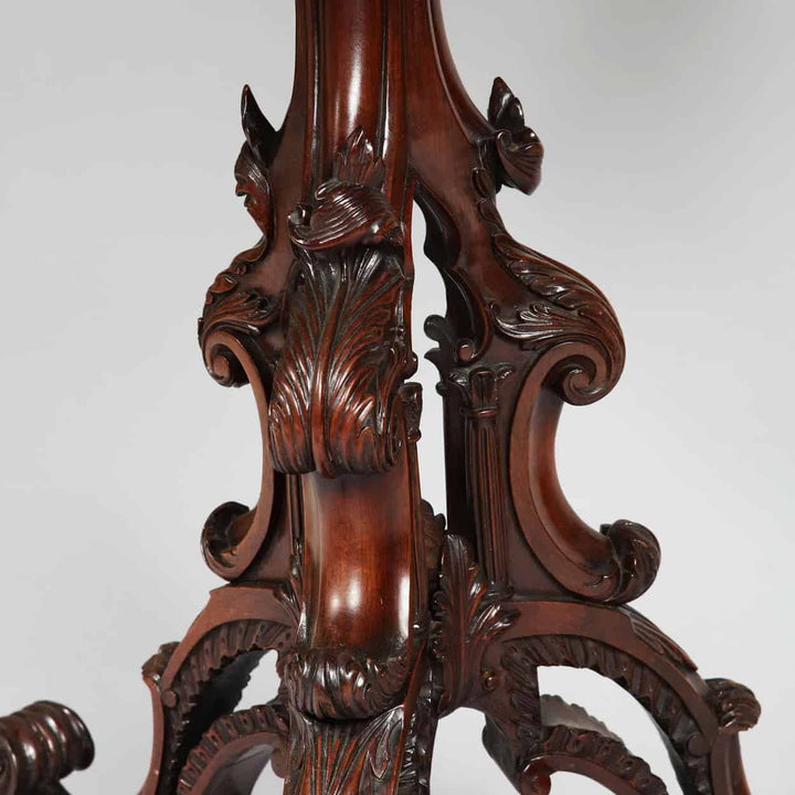 Tripod Table Attributed to James Allan of Fredericksburg with intricate 18th-century carved wooden detailing close-up.