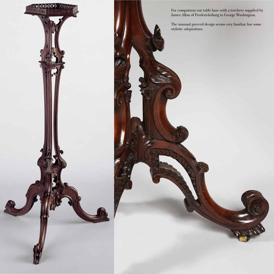 Tripod Table Attributed to James Allan of Fredericksburg, mid 18th century, ornate carved wood, circa 1760.