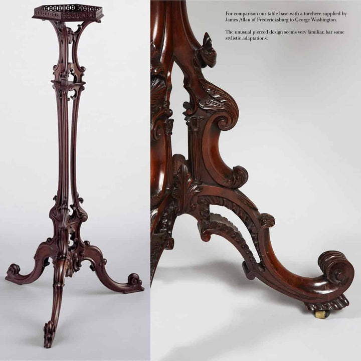 Tripod Table Attributed to James Allan of Fredericksburg, mid 18th century, ornate carved wood, circa 1760.