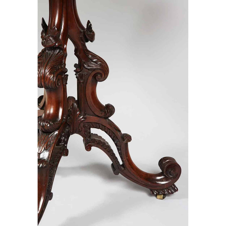 Close-up of intricate carved leg detail on Tripod Table Attributed to James Allan of Fredericksburg circa 1760.