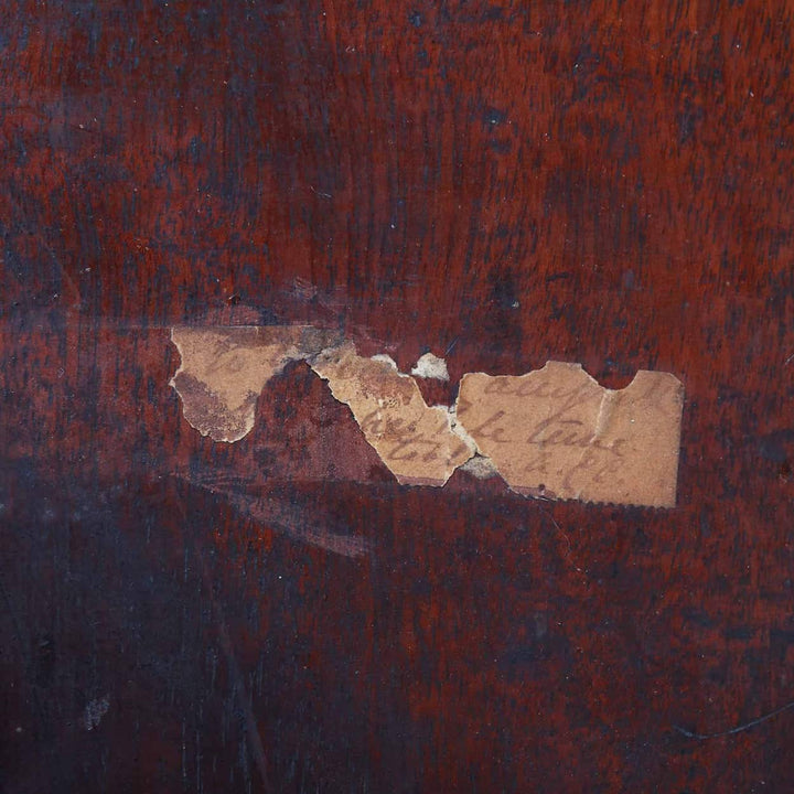 Tripod Table Attributed to James Allan of Fredericksburg showing worn wood surface with old torn paper label.