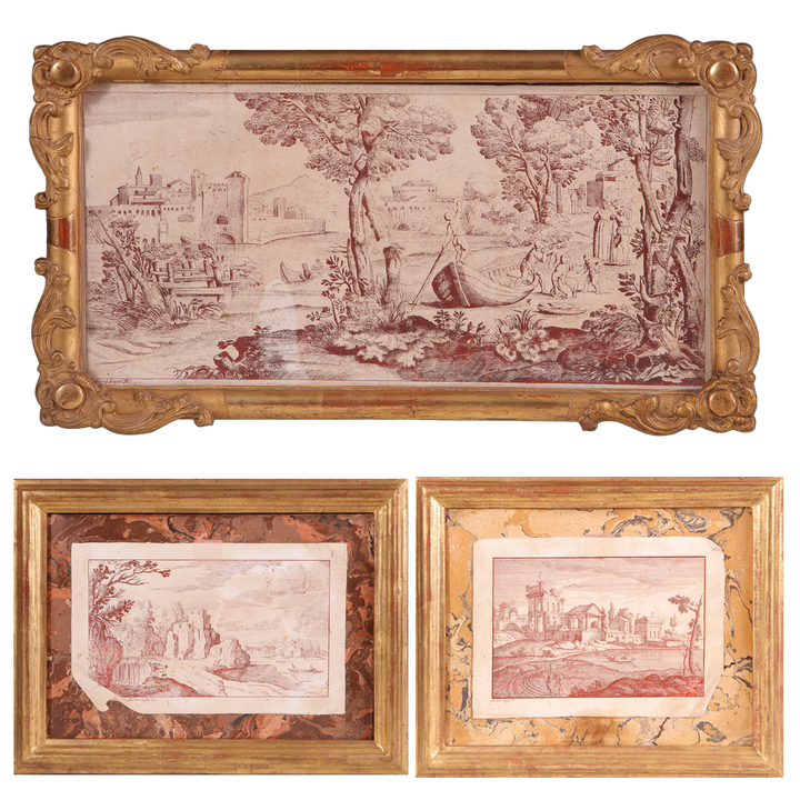 A group of three early 18th century scagliola trompe l'oeil panels