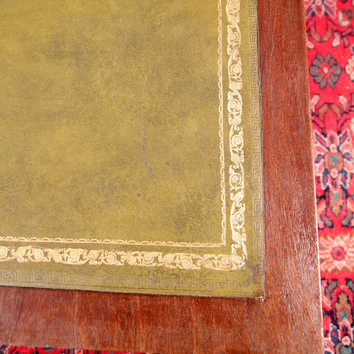 Anglo Indian Teak Pedestal Desk green tooled leather top with gold embossed decorative border detail close-up