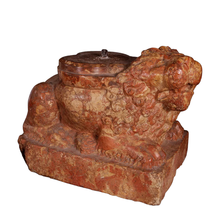 Early Renaissance Stylophore Column Bearing Lion carved from 14th century pink Verona marble, Italy, circa 1400.