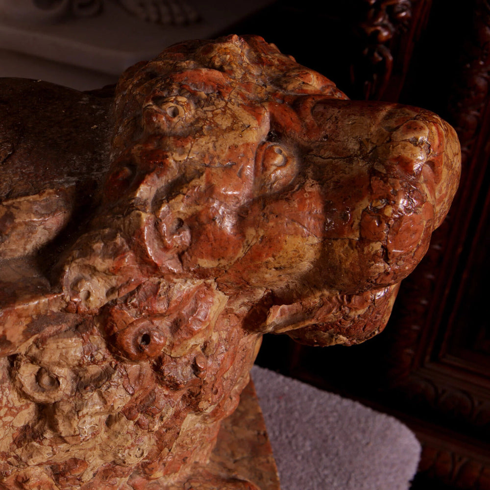 Early Renaissance Stylophore Column Bearing Lion carved from 14th century pink Verona marble, Italian sculpture circa 1400.