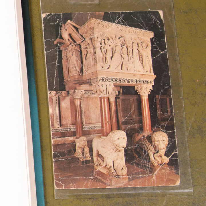 Early Renaissance Stylophore Column Bearing Lion in pink Verona marble supporting pulpit columns, Italy circa 1400.