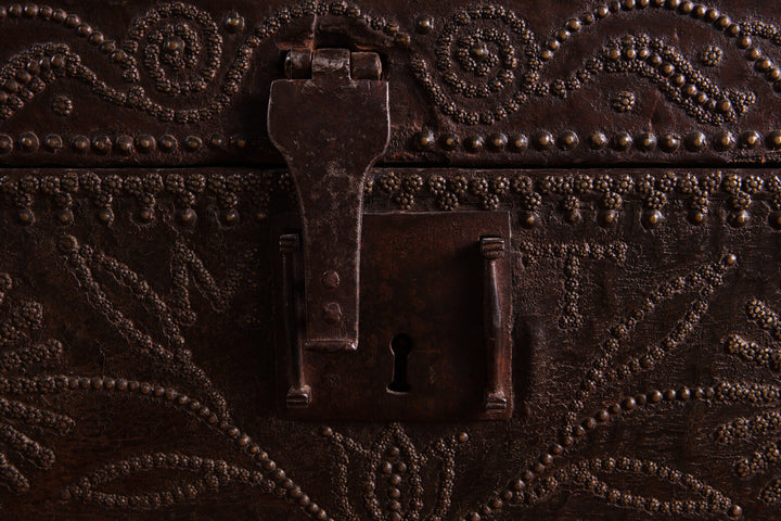 Large French Studded Leather Travelling Chest