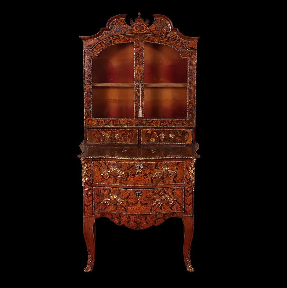 Louis XV Marquetry Vitrine on Chest, 18th century Flemish floral marquetry with glazed doors and cabriol legs, circa 1730.