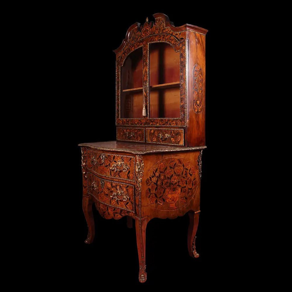 Louis XV Marquetry Vitrine on Chest, 18th century Flemish floral marquetry, glazed doors, serpentine chest, cabriole legs.