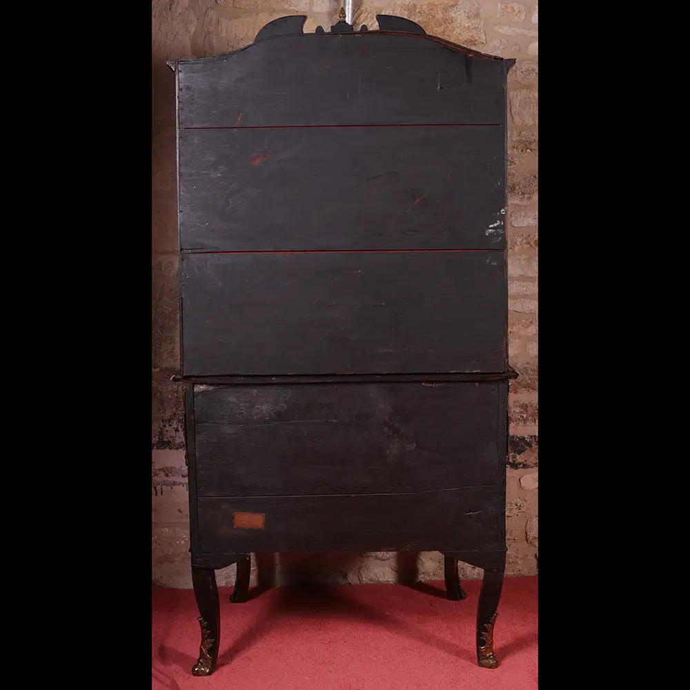 Louis XV Marquetry Vitrine on Chest showing aged black wood back, cabriol legs, and curved top finial design.