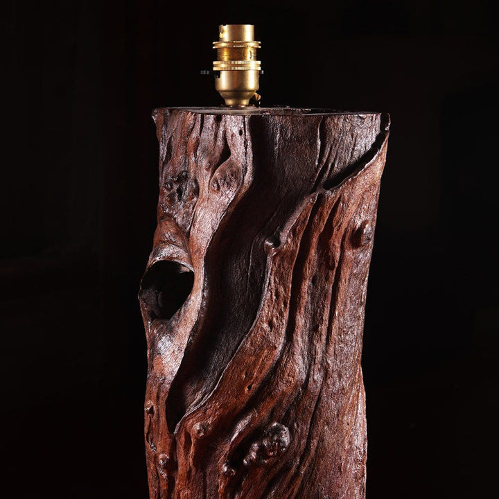 Mid Century Vine Wood Table Lamp with weathered vine trunk base showcasing flowing grain and rich patina without shade.