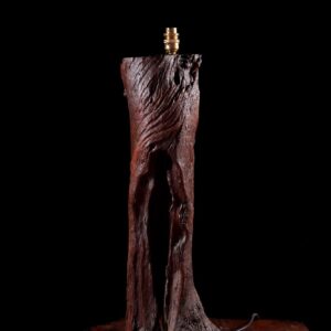 Mid Century Vine Wood Table Lamp with weathered vine trunk base and rich wood grain, no shade, on black background.