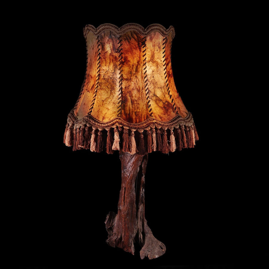Mid Century Vine Wood Table Lamp with natural vine trunk base and warm stitched parchment shade circa 1950 France.
