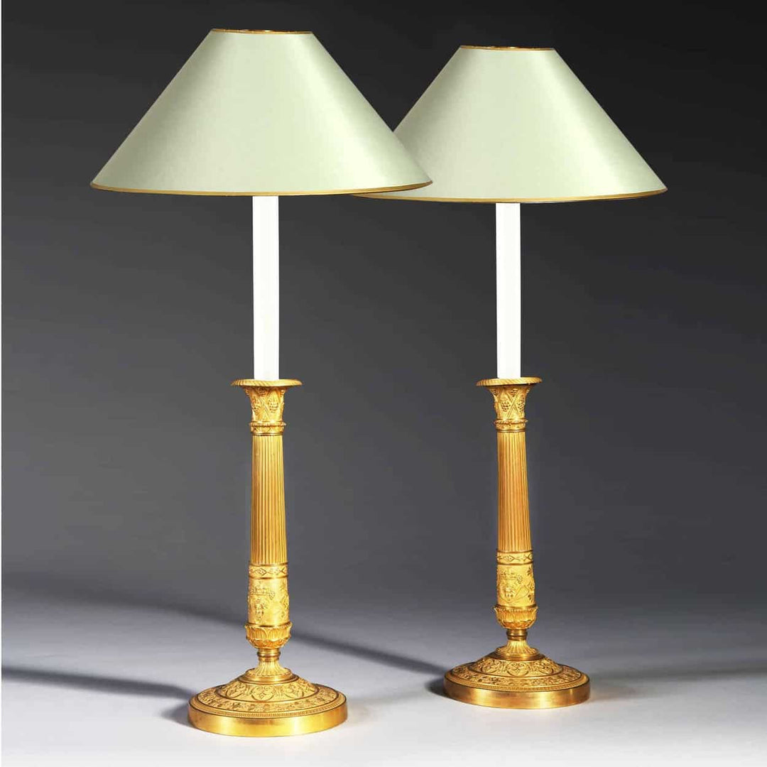 Pair of French Empire Gilt Candlestick Lamps