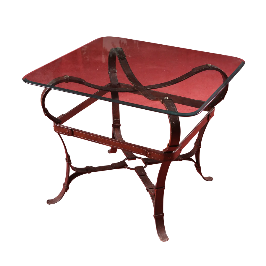 Wrought Iron Belt Strap End table with belt strap frame, rivet details, and circular beveled glass top.