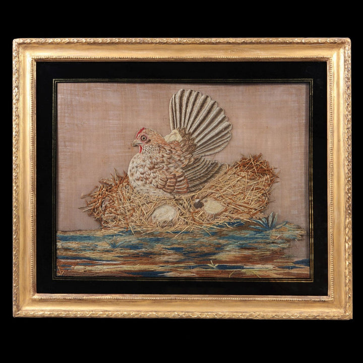 Needlework of a Chicken and Chicks in a water gilt frame