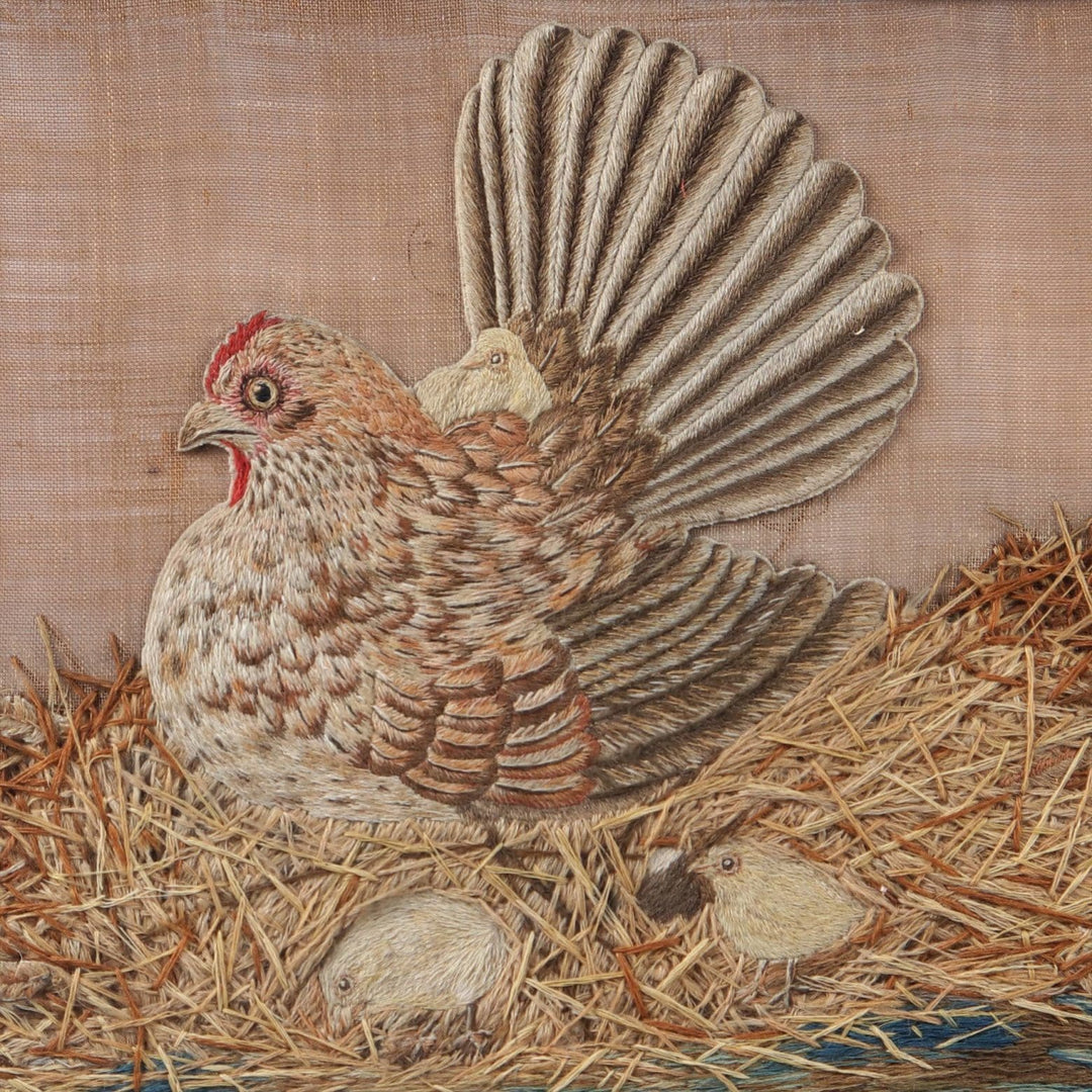 Needlework of a Chicken and Chicks in a water gilt frame