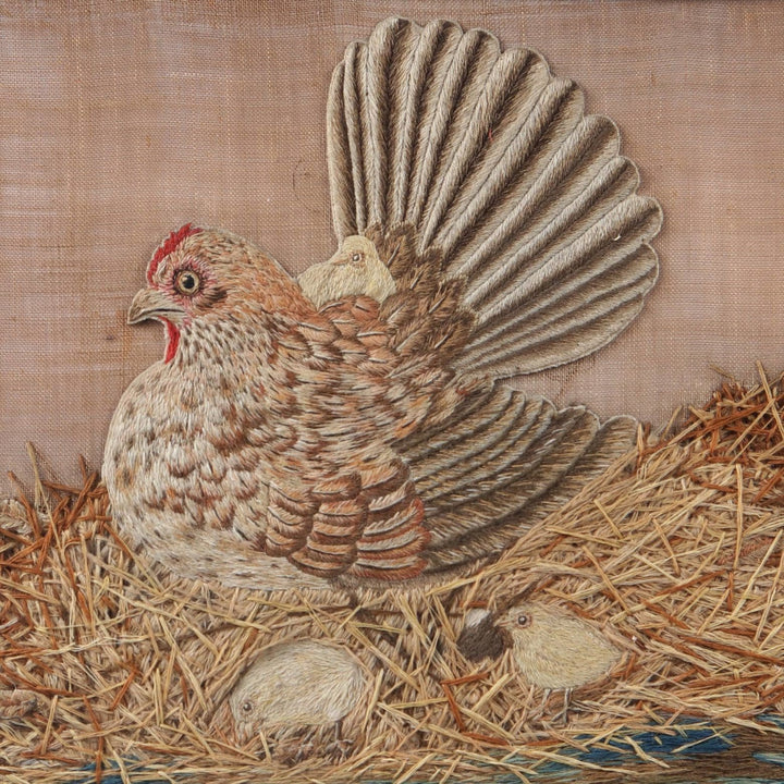 Needlework of a Chicken and Chicks in a water gilt frame