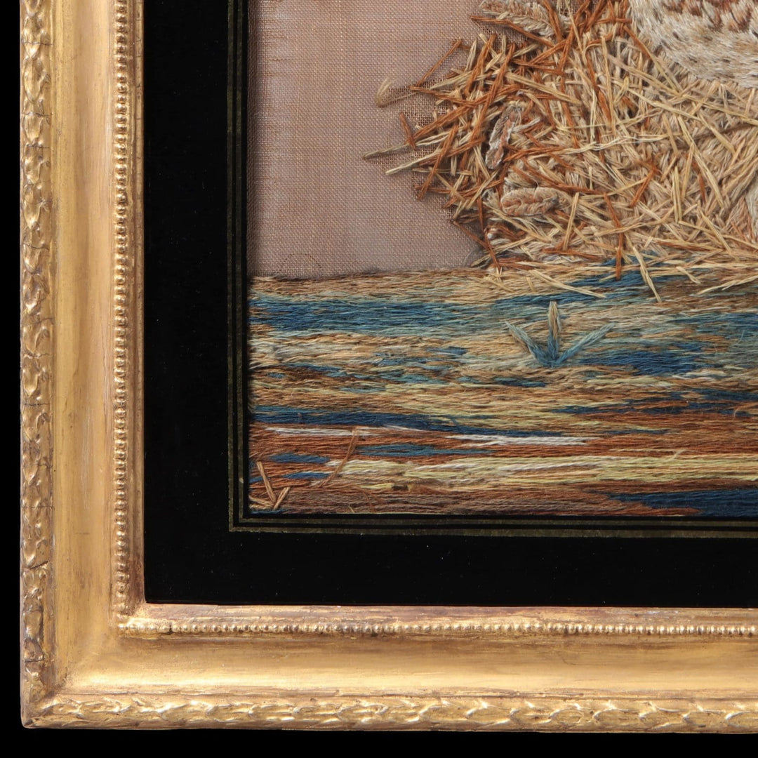 Needlework of a Chicken and Chicks in a water gilt frame
