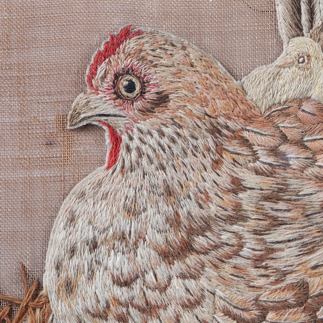 Needlework of a Chicken and Chicks in a water gilt frame