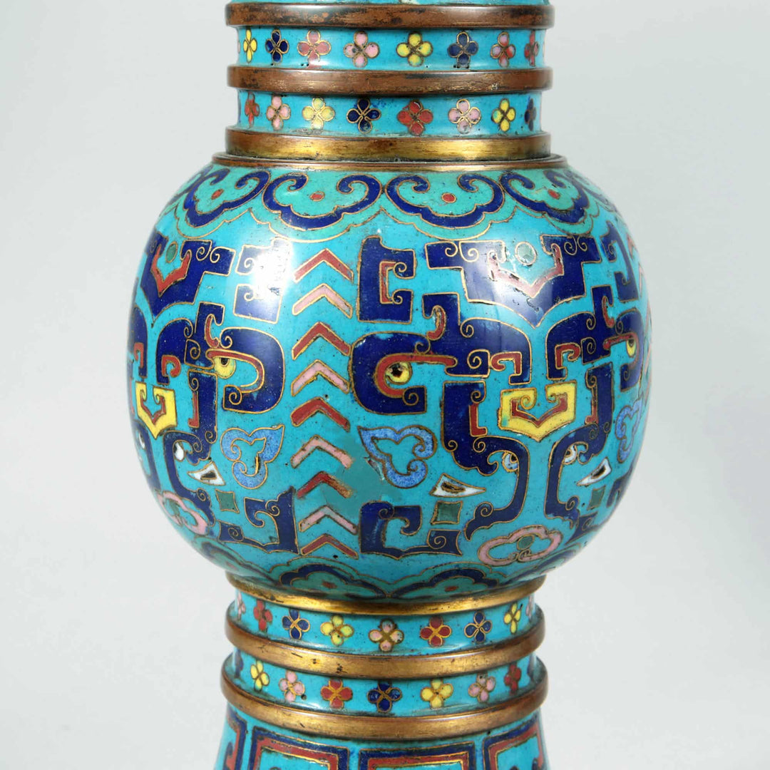 Pair of 19th century Chinese Qing Dynasty Blue Cloisonne Gu Vases