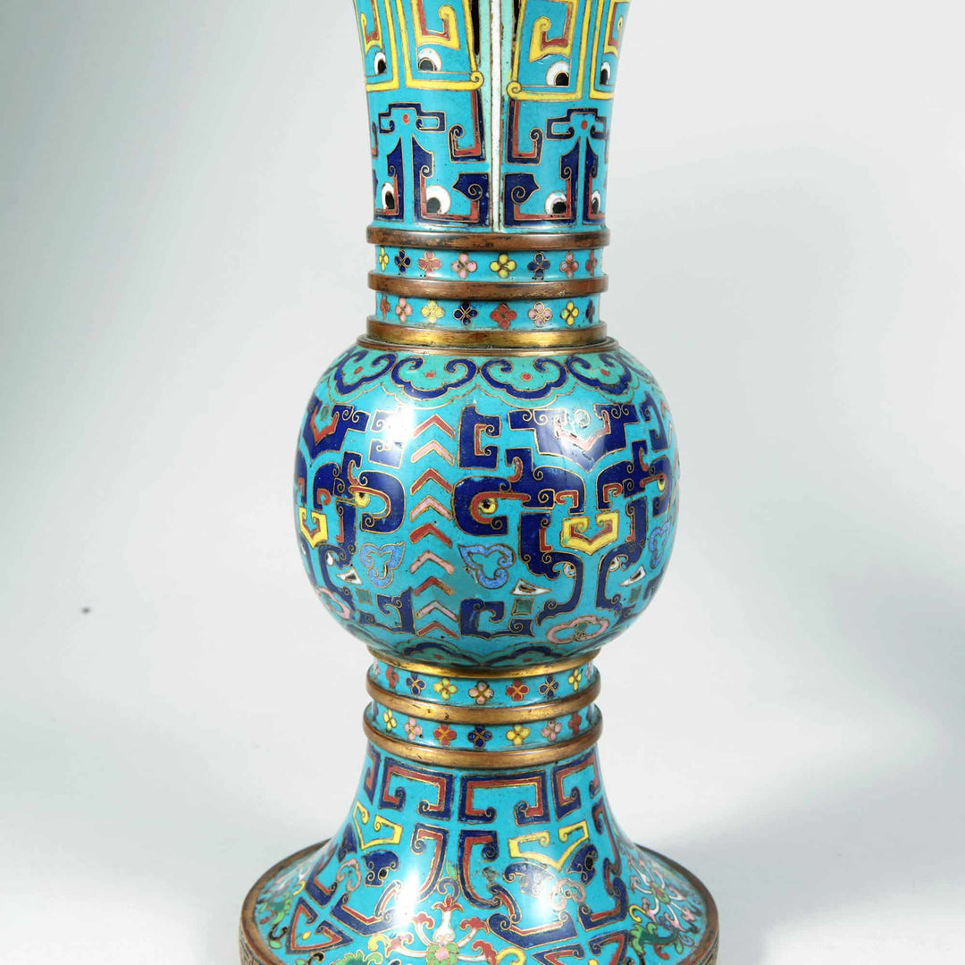 Pair of 19th century Chinese Qing Dynasty Blue Cloisonne Gu Vases