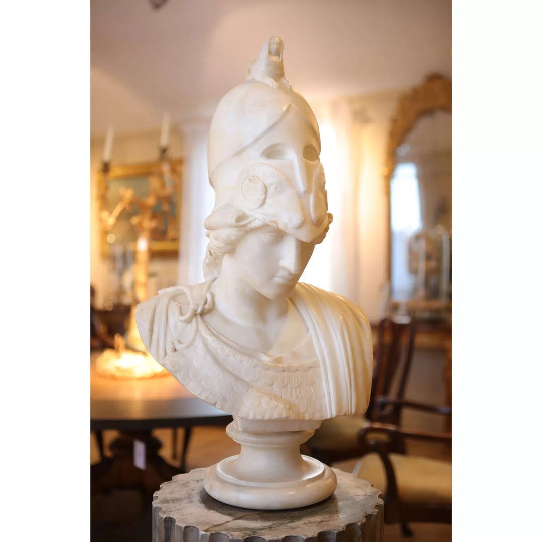 PIETRO BAZZANTI bust of Minerva in alabaster on circular plinth, Italy circa 1900, 66 cm tall.