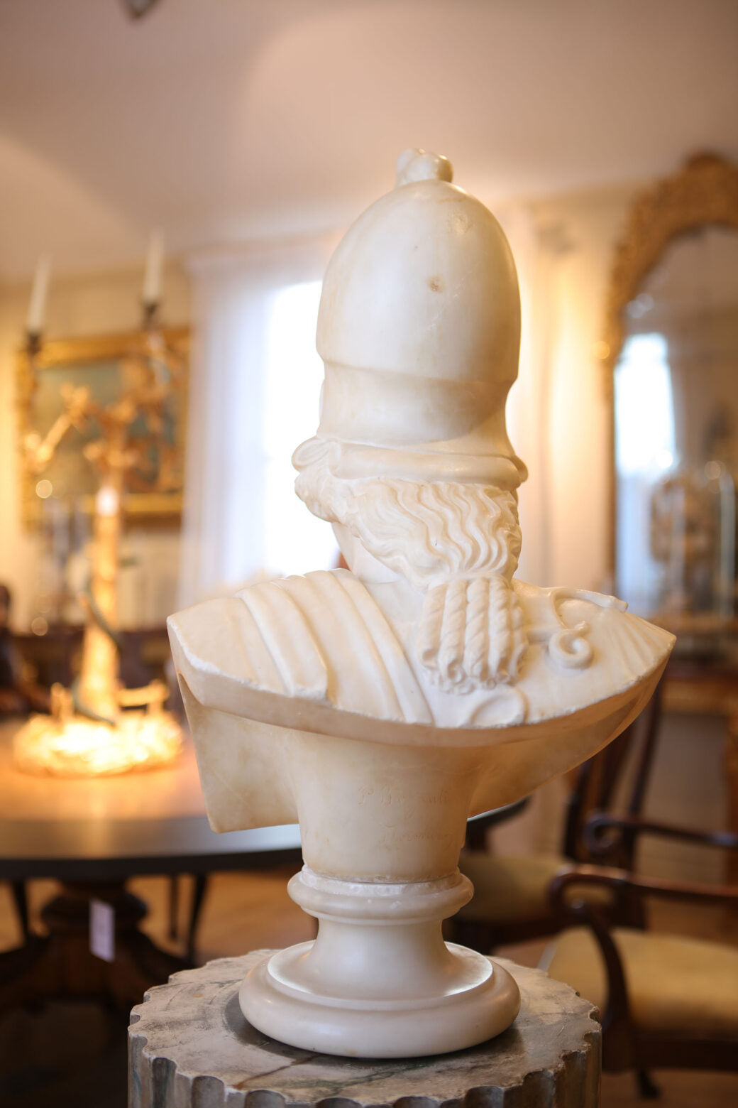 PIETRO BAZZANTI alabaster bust of Minerva on circular plinth, signed verso, circa 1900, 66 cm tall, displayed indoors.