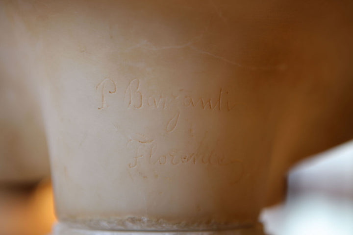 PIETRO BAZZANTI close-up of signature engraved on alabaster bust of Minerva circa 1900 Italy on circular plinth