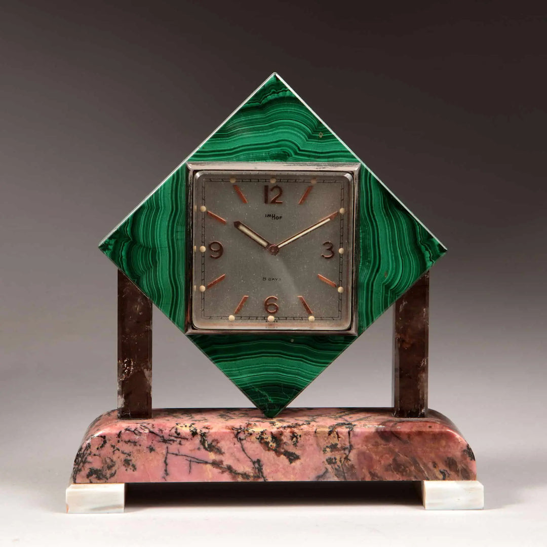 Art Deco Polished Stone Arthur Imhof Swiss Desk Clock