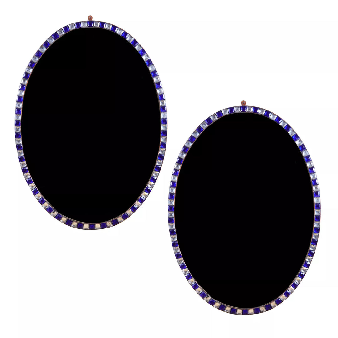 Pair of Irish Oval Lozenge Mirrors with blue and clear lozenge frames, measuring 103 cm height and 75 cm width each.