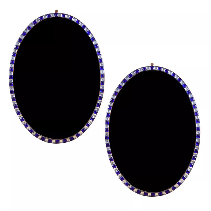 Pair of Irish Oval Lozenge Mirrors with blue and clear lozenge frames, measuring 103 cm height and 75 cm width each.