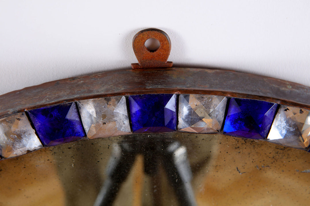 Pair of Irish Oval Lozenge Mirrors with blue and clear glass lozenge detailing and aged metal frame.