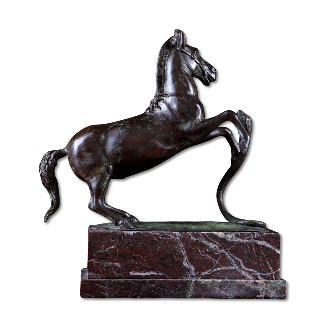 Grand Tour Equestrian Bronze sculpture showing a rearing horse evading a striking snake on a marble base.